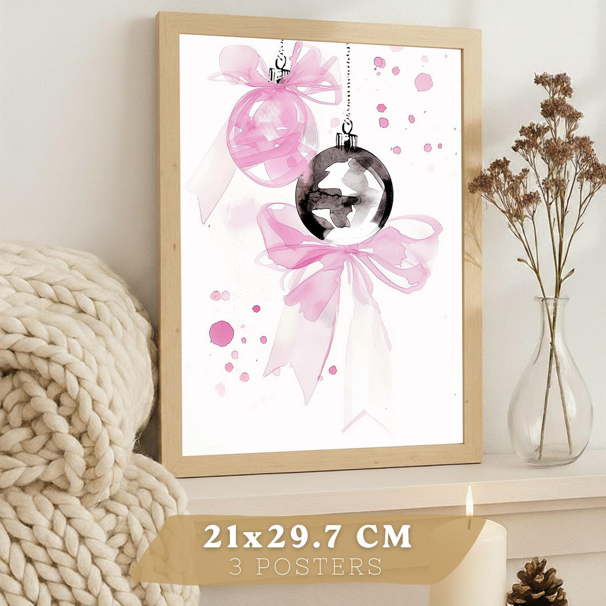 PLAKAT Sada 3 Růžová černá A3 bez rámu - čirá, papír (29.7/1/42cm) - Nacnic