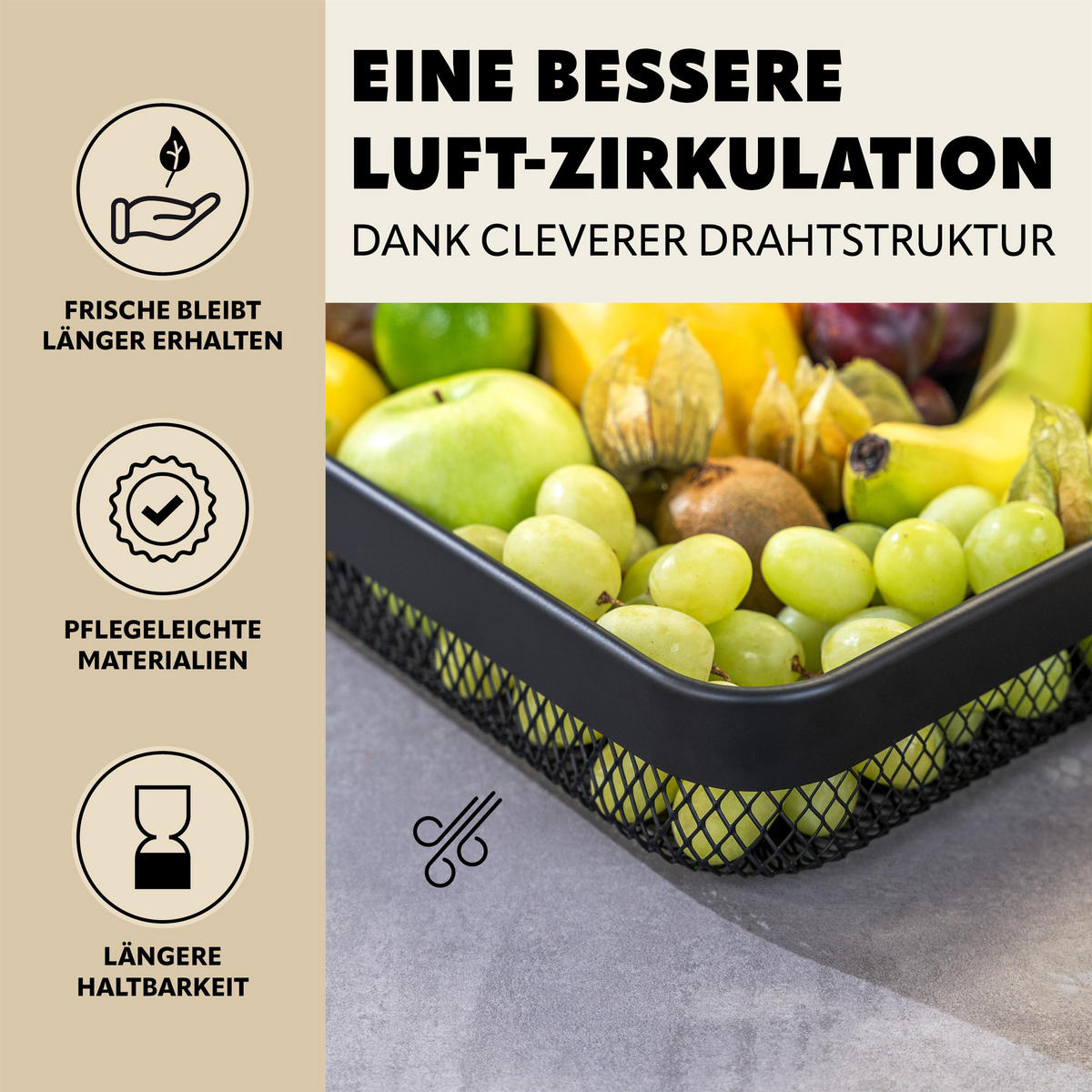 OBSTKORB - BROTKORB 2er Set, eckige Obstschale, aus schwarzem Metall - Schwarz, Metall (6cm) - eluno