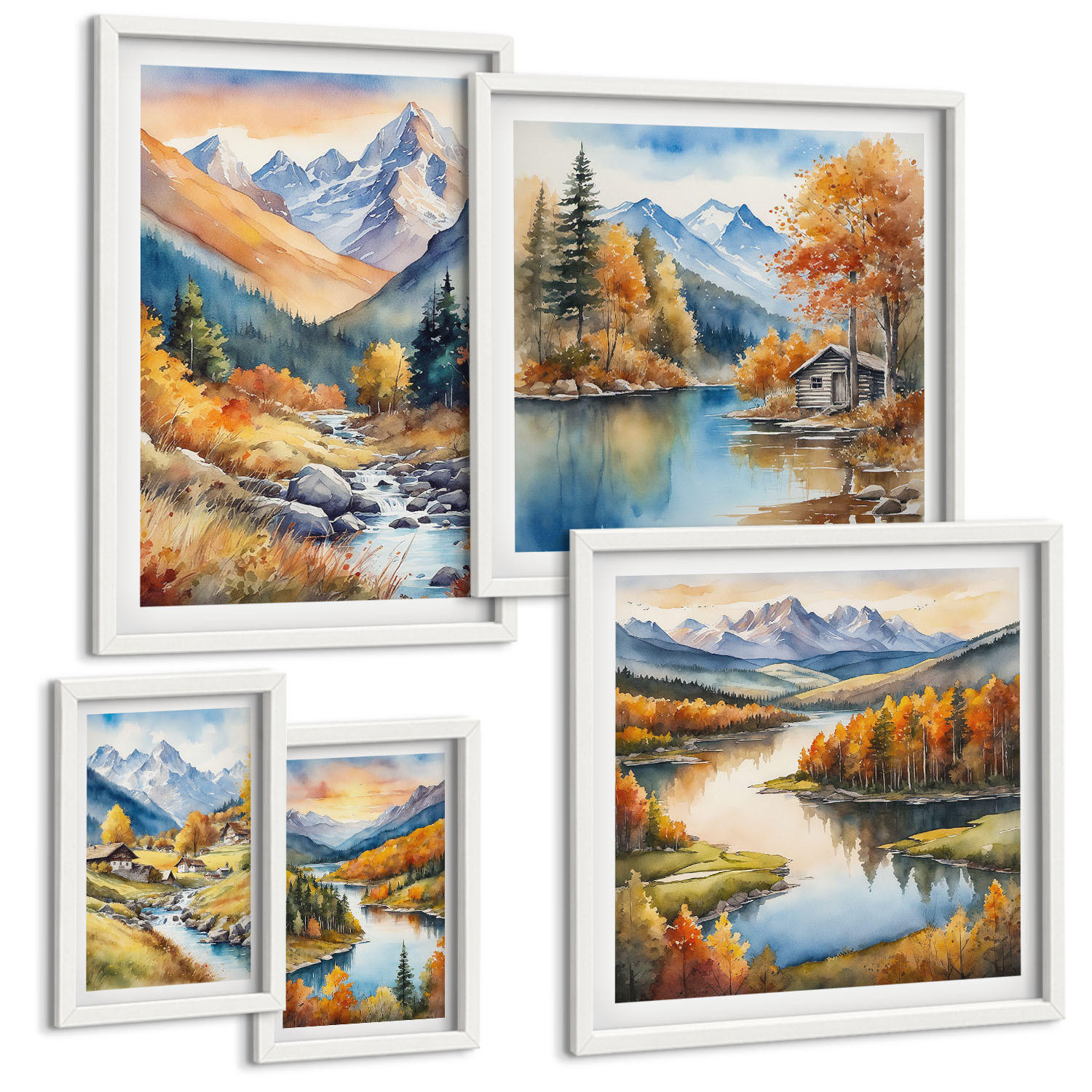BILDER SET 5er Set - 50x50 cm & 20x30 cm & 40x60 cm Weißer Rahmen - Berglandschaft, Flusshütten - Weiß, Kunststoff (40/60cm) - TULUP