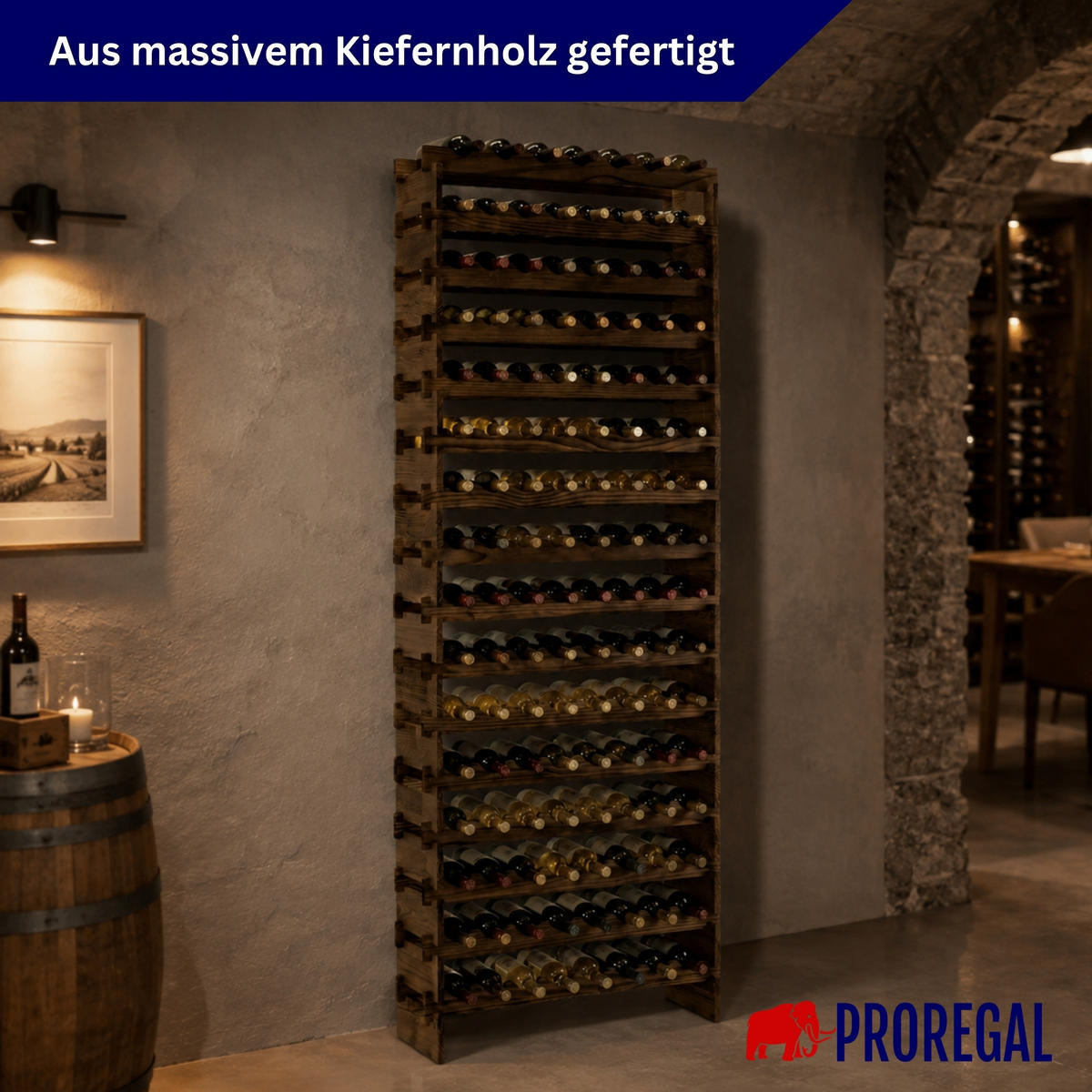 WEINREGAL NAVARRA aus Holz 219x84x28cm 128 Flaschen auf 16 Ebenen Braun geölt - Braun, Holz (84/219/28cm) - PROREGAL