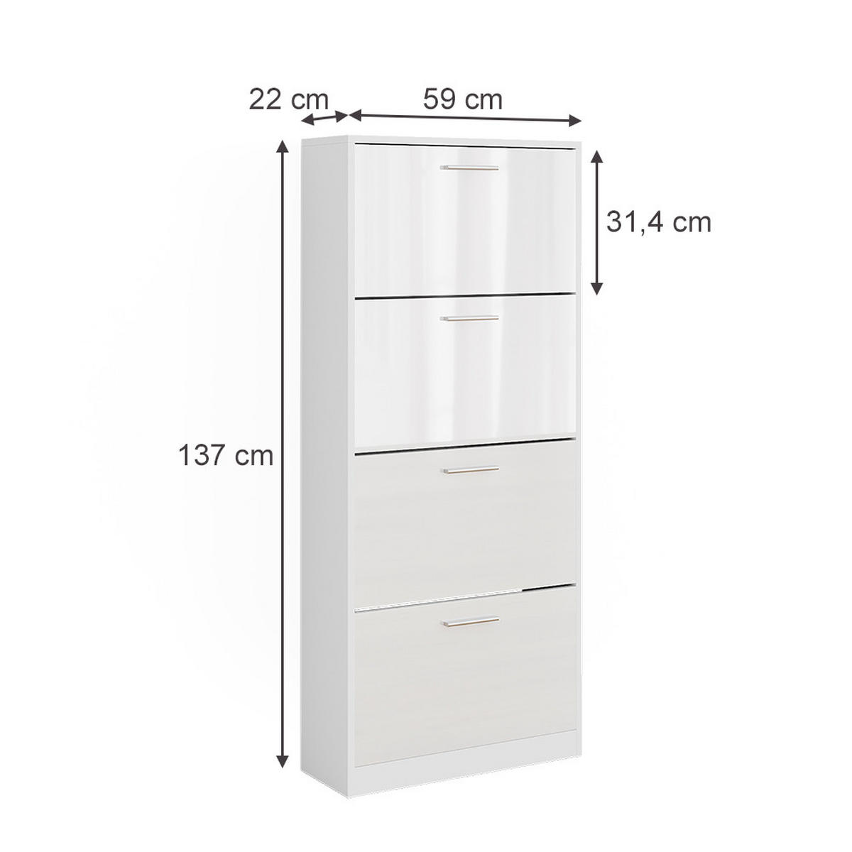 SCHUHKIPPER Gizmo Weiß/Weiß Hochglanz 59 x 137 cm mit 4 Fächern - Weiß Hochglanz, Holzwerkstoff (59/137/22cm) - Vicco