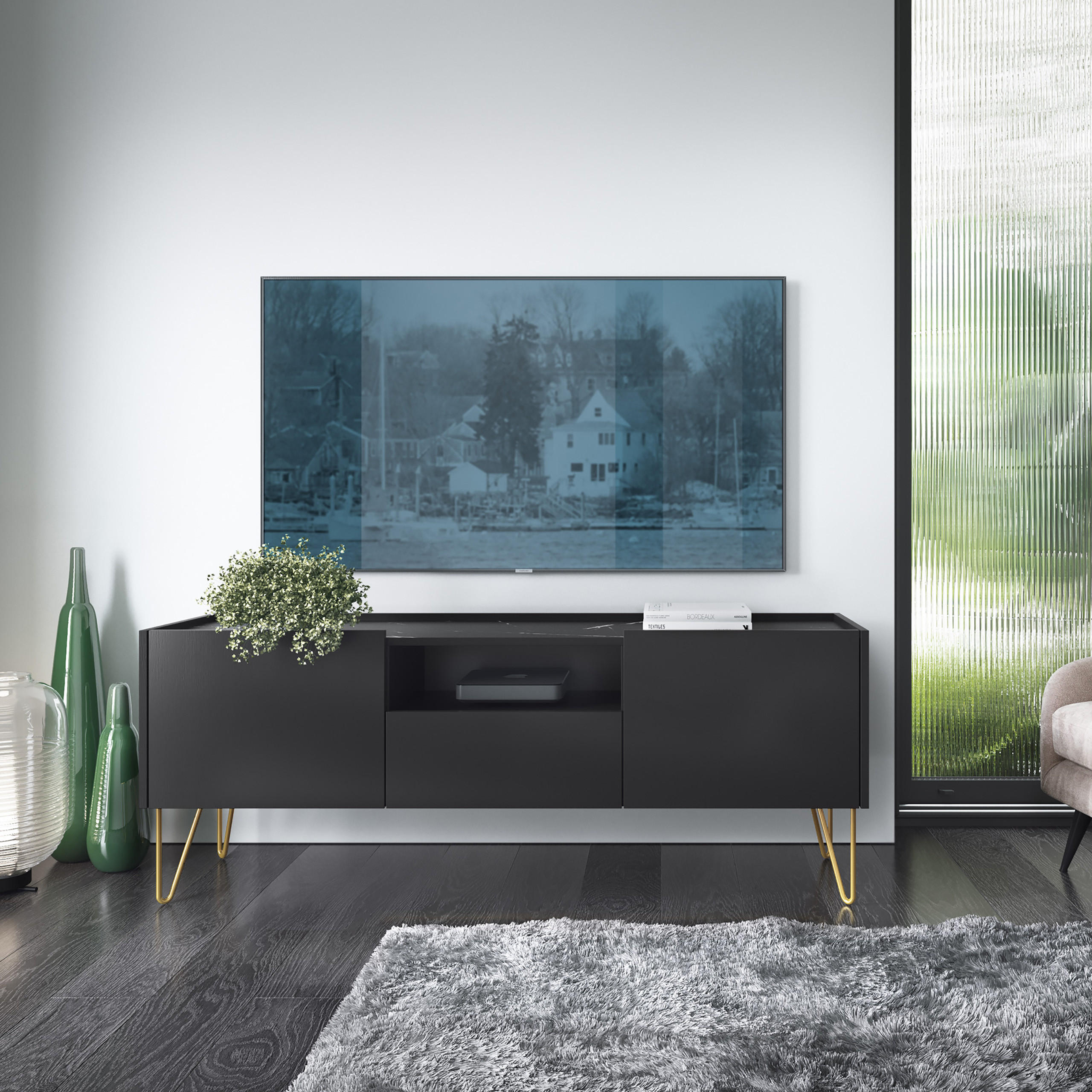 SIDEBOARD ARMONIA 144/83/37 cm mit 3 Türen Schwarz - Schwarz, Holzwerkstoff (144/83/37cm) - MASSENO