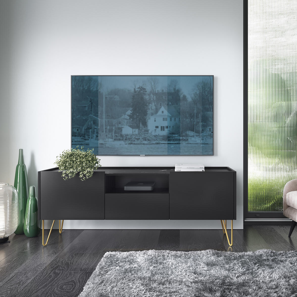 SIDEBOARD ARMONIA 144/83/37 cm mit 3 Türen Schwarz - Schwarz, Holzwerkstoff (144/83/37cm) - MASSENO