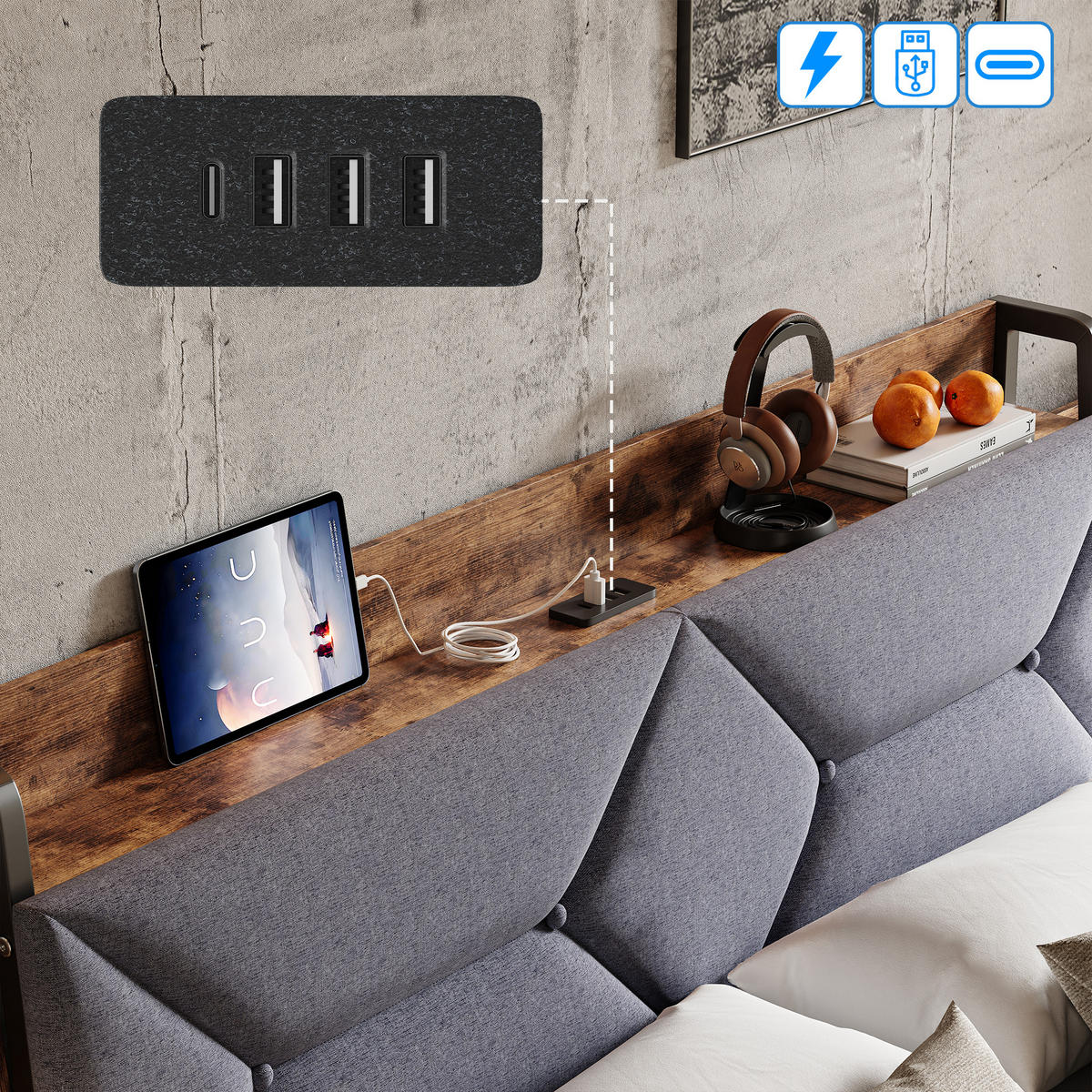 POLSTERBETT 140x200cm Grau Mit 4 Schubladen, USB & Type-C Anschlüsse - Grau, Holz (140/200cm)