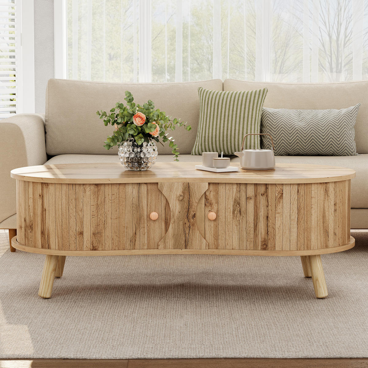 COUCHTISCH organisch Rillenoptik 2 Schiebetüren - Naturfarben, Holz (50/108/37cm) - LEBENLANG
