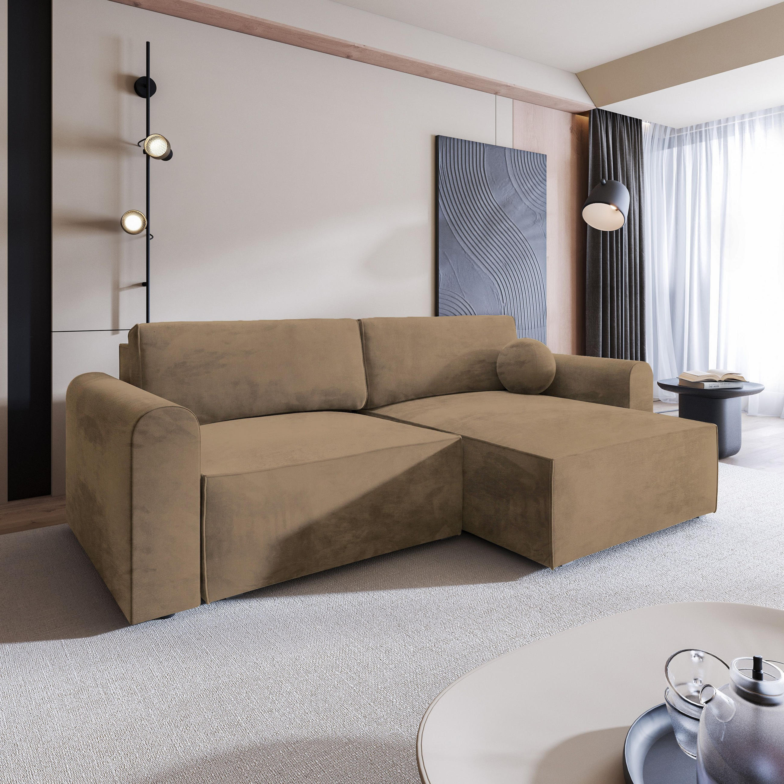 ECKSOFA FIANO M Beige Velours-Stoff mit Schlaffunktion - Beige, Holz (245/148cm) - MASSENO