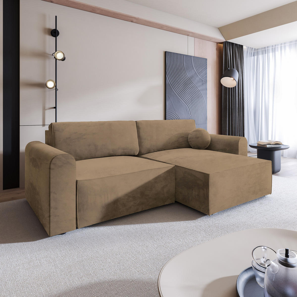 ECKSOFA FIANO M Beige Velours-Stoff mit Schlaffunktion - Beige, Holz (245/148cm) - MASSENO