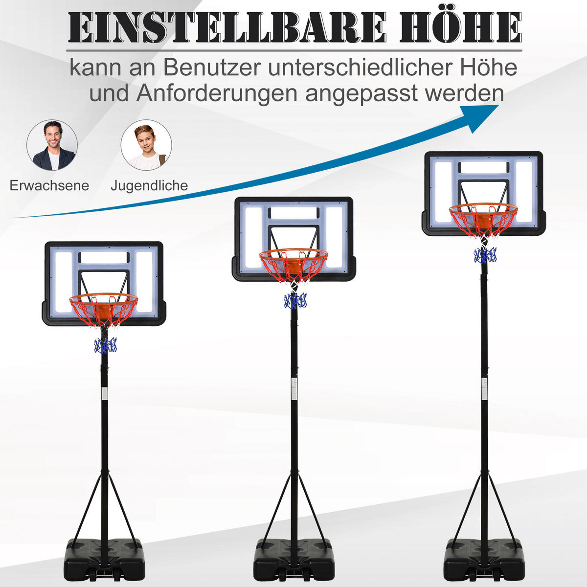 BASKETBALLSTÄNDER, Stahl, Schwarz, 90B x 165T x 302-352H cm - Schwarz, Metall (165/90cm) - HOMCOM