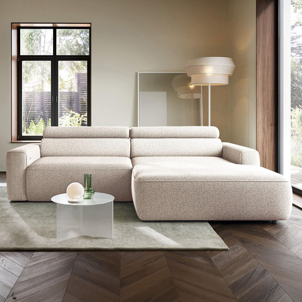 ECKSOFA Fando mit Schlaffunktion, L-Form, 4-Sitzer 252 cm, rechts Flechtstoff Hellbeige - Ecru/Schwarz, Holz/Kunststoff (182/252cm) - Selsey