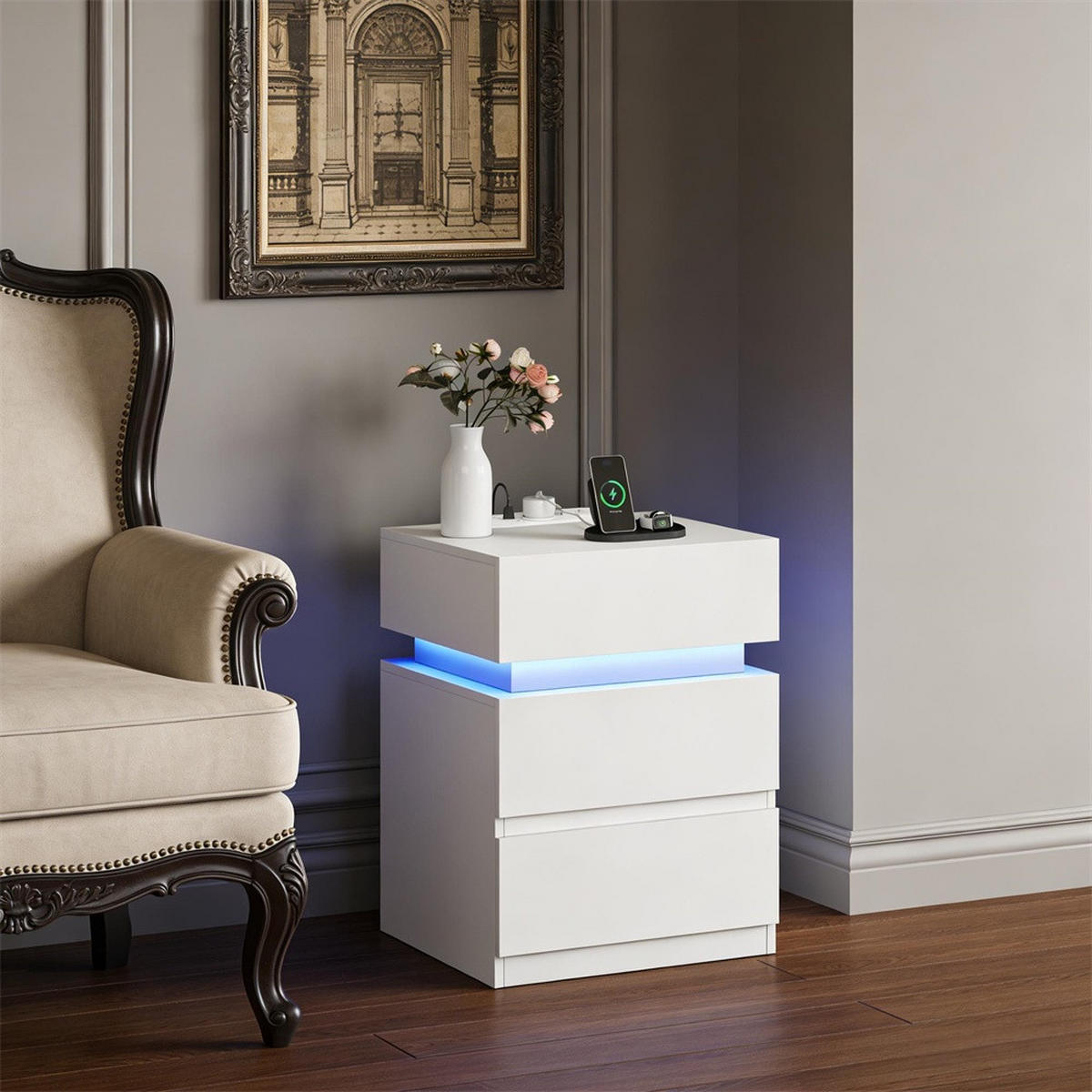 NACHTTISCH Weiß mit Steckdosen und USB-Anschlüssen - Nachtschrank mit LED-Beleuchtung mit 2 Schubladen - Weiß, Holzwerkstoff (40/55/35cm) - DELFA