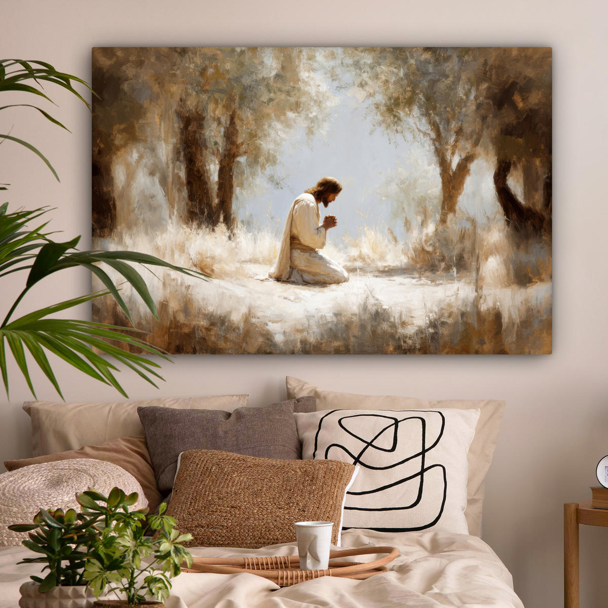 LEINWANDBILD Jesus - Kniend - Waldlandschaft - Betend Wohnzimmer Groß 120x80 cm - Beige/Hellblau, Textil (120/80cm) - MuchoWow