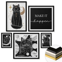 WANDBILDER 5er-Set - 50x50 cm & 20x30 cm & 40x60 cm Schwarzer Rahmen - Schwarze Katzen, Mond, Planet - Schwarz, Kunststoff (40/60cm) - ArtPrintCave