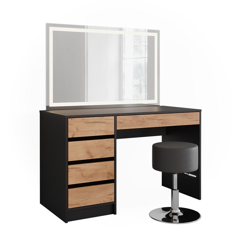 SCHMINKTISCH Sherry Anthrazit/Goldkraft Eiche 120 x 75 cm mit LED-Spiegel und Hocker - Honigeiche/Anthrazit, Holzwerkstoff (120/75/55cm) - Vicco