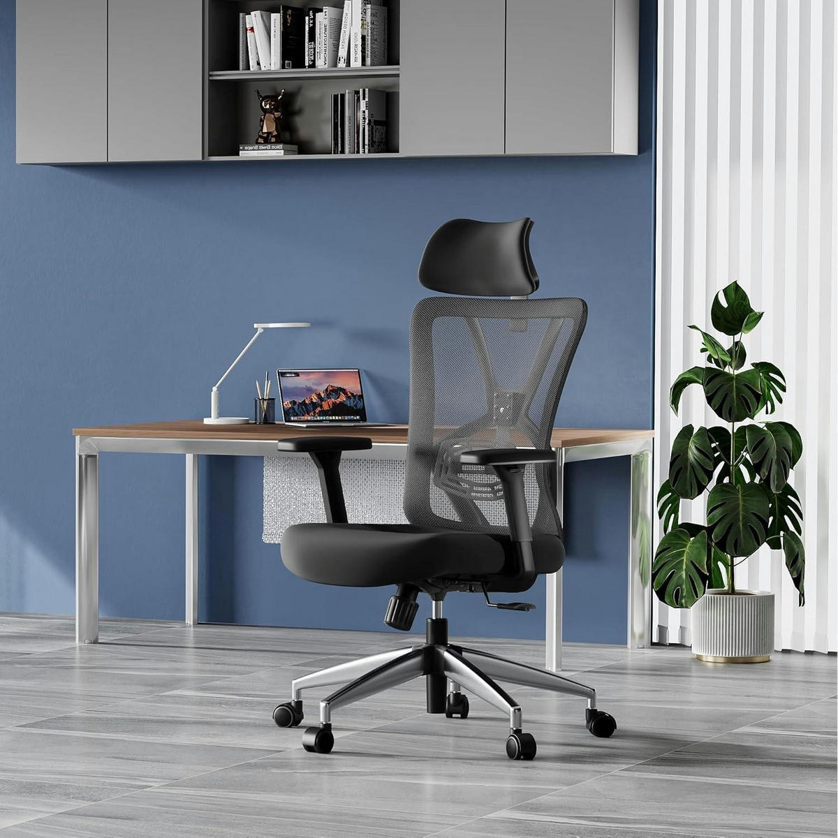 BÜROSTUHL Ergonomisch mit Lendenwirbelstütze und Kopfstütze - Schwarz, Kunststoff (25/53/69cm)