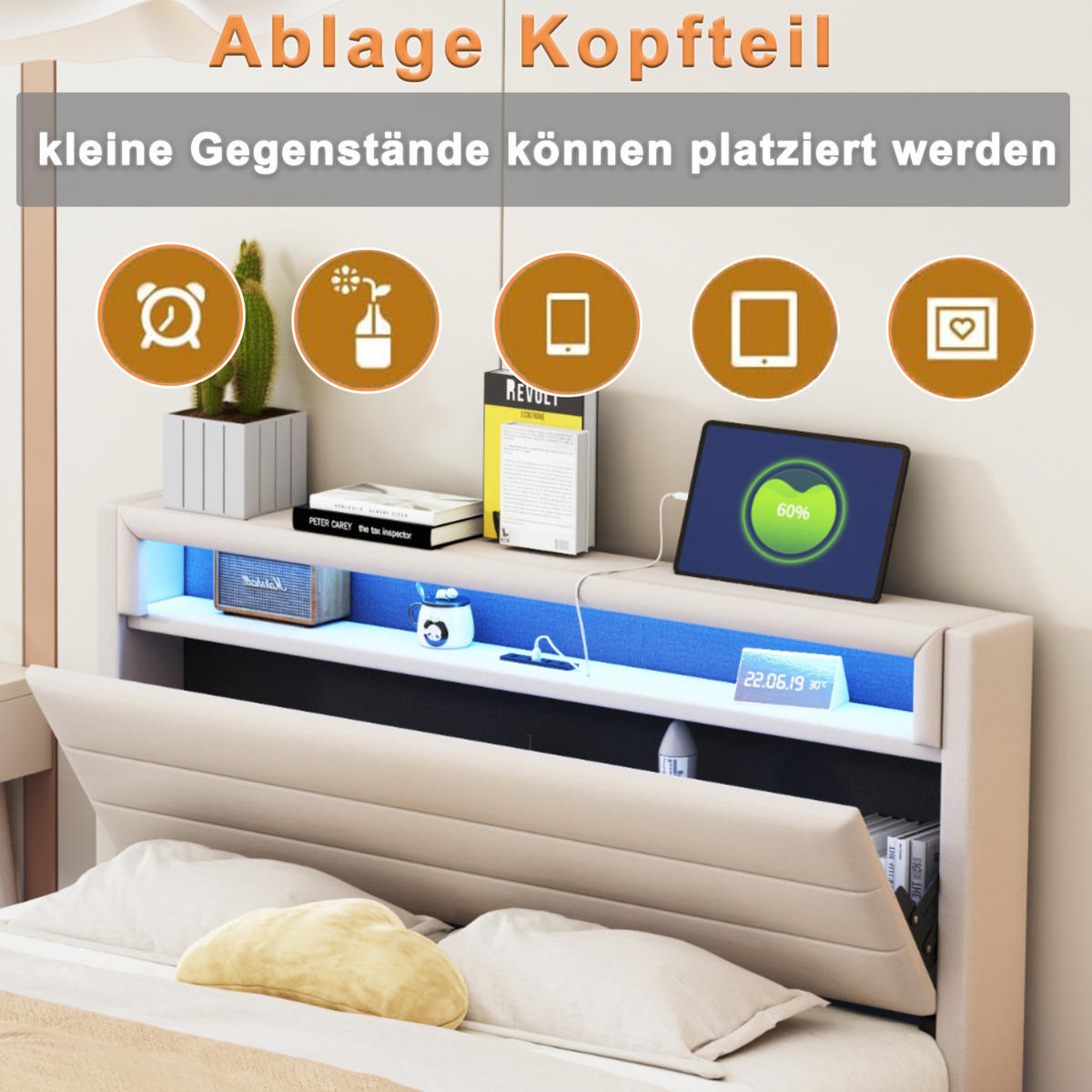 ČALÚNENÁ posteľ 160/200 cm s USB portom, LED osvetlením a hydraulickým úložným priestorom, Bežová - béžová, textil (160/200cm) - Redom