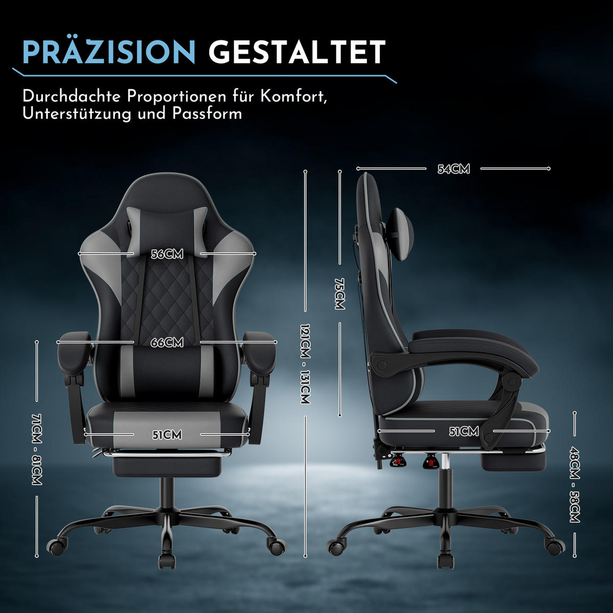 GAMINGSTUHL DE-40998 mit Lordosenstütze und Fußstütze Schwarz/Grau - Grau, Metall (58.5/120.5/63cm) - ComfortXL