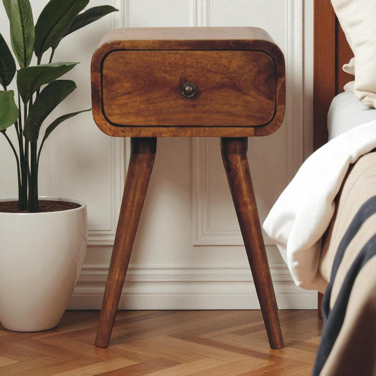 NACHTTISCH Massivholz Avora Mini Kastanienbraun, 1 Schublade - Dunkelbraun/Messingfarben, Mangoholz/Holz (30/49/30cm) - Artisan Furniture