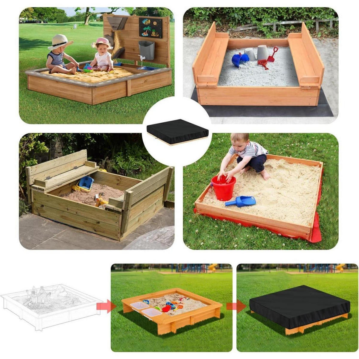 SANDKASTENABDECKUNG 120 x 120 x 20 cm wasserdicht Oxford 420D - Schwarz, Kunststoff (1/1/1cm)