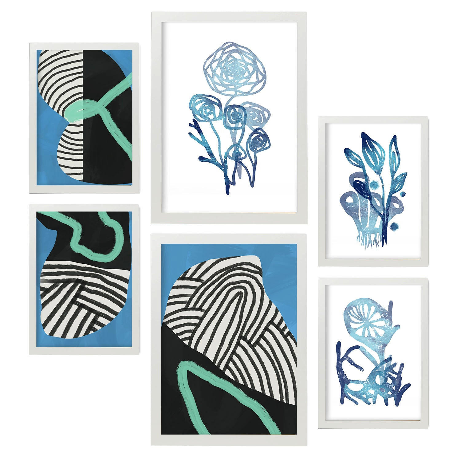 POSTER Set Mit 6 Wildes Grün In Blume Zusammenfassung A3 & A4 Weißer Rahmen - Weiß, Papier (29/3cm) - Nacnic