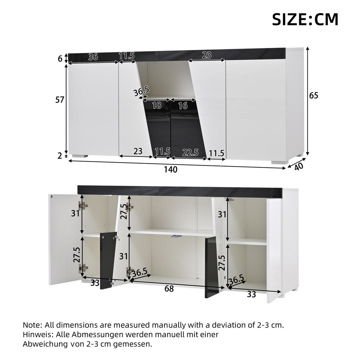 SIDEBOARD 140/40/65 cm weiß aus Spanplatte mit LED und Hochglanzfront - Weiß, Holzwerkstoff (140/65/40cm) - OKWISH