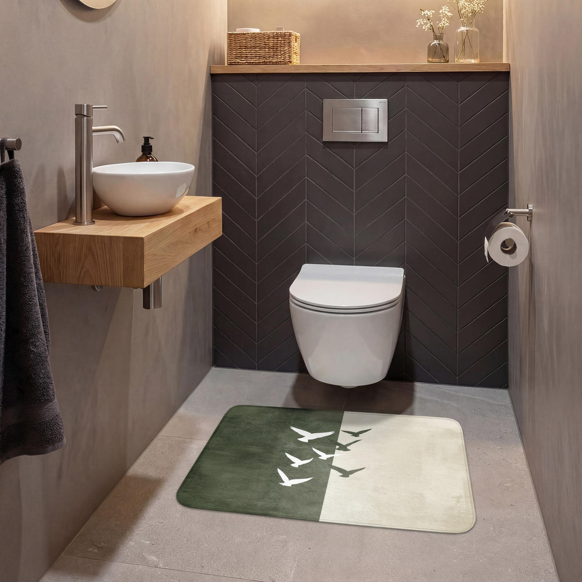 WC PŘEDLOŽKA Japandi - Pták - Zelený 80x50 cm - olivově zelená, textil/plast (80/1cm) - OnlyWow
