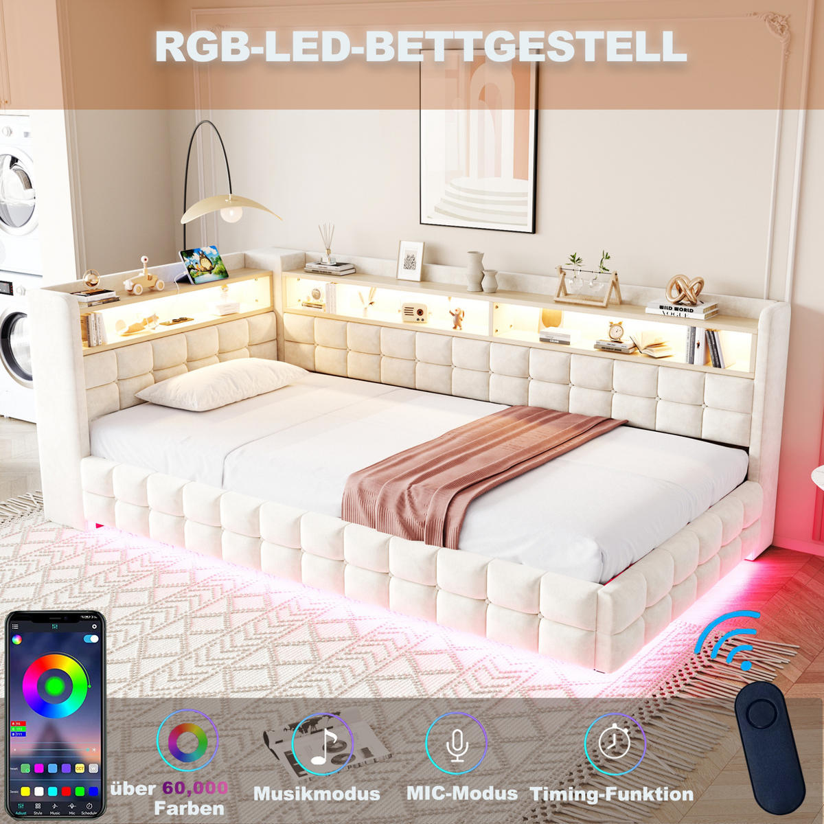 POLSTERBETT 90/200 cm in Beige mit Stauraum, LED-Beleuchtung und USB/Type-C - Beige, Textil (90/200cm) - Flora Grace