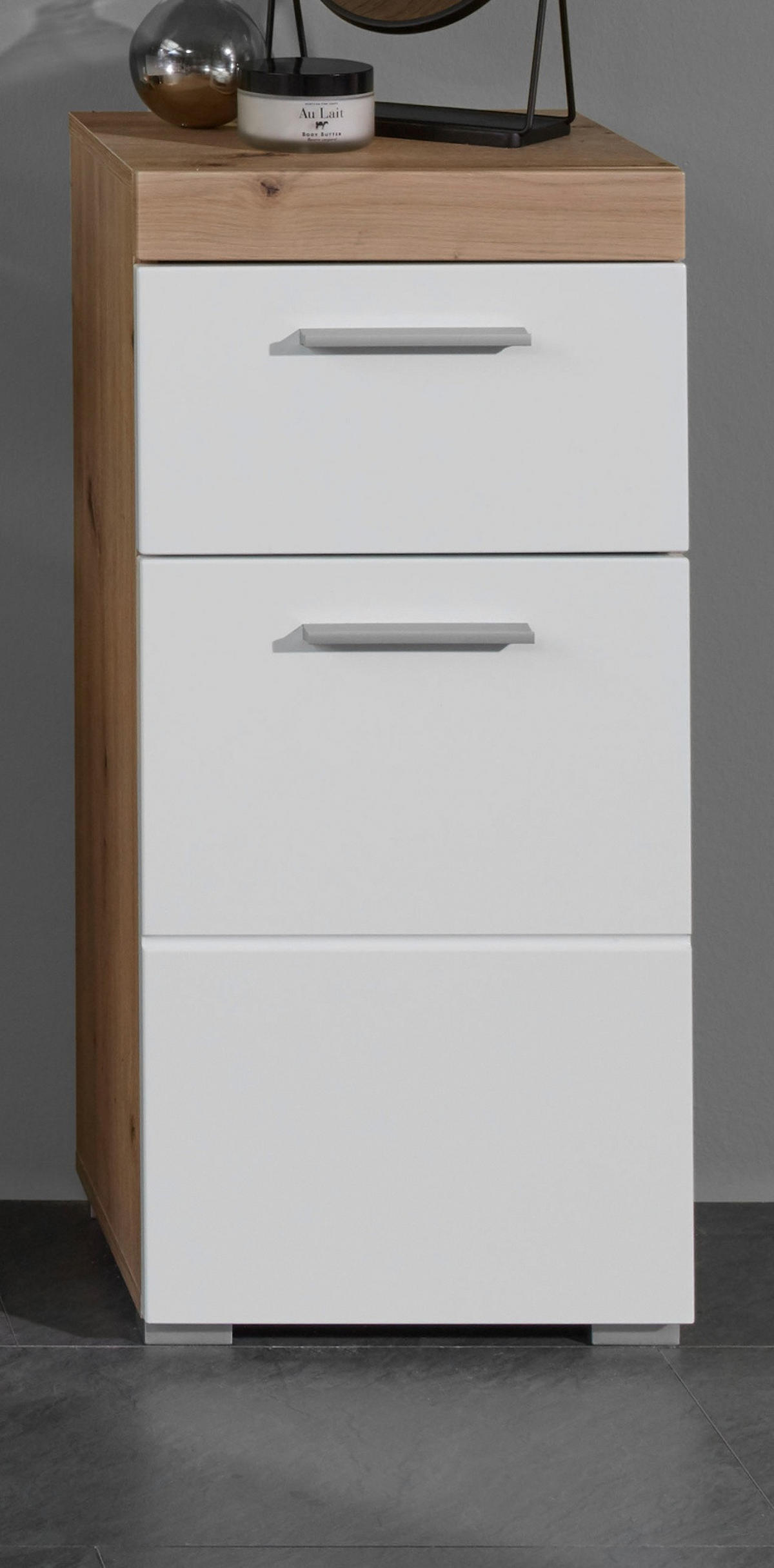 BADSCHRANK weiß Hochglanz, Asteiche 37 x 79 cm, Badezimmer Kommode modern - Eichefarben/Weiß, Holzwerkstoff/Kunststoff (37/79/31cm) - Top.Furn