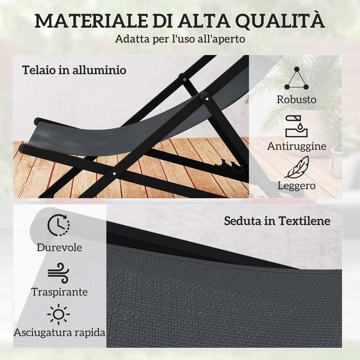 SONNENLIEGE Set aus 2 klappbaren Dunkelgrau 96,5 x 58 x 91,5 cm - Grau, Metall (60/85/100cm) - Vallsero