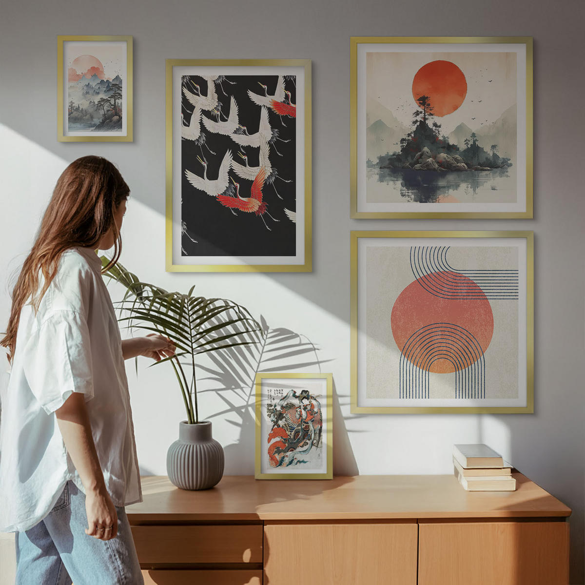 WANDBILDER 5er Set - 50x50 cm & 20x30 cm & 40x60 cm Goldrahmen - Asiatische Landschaften Japandi - Goldfarben, Kunststoff (40/60cm) - ArtPrintCave