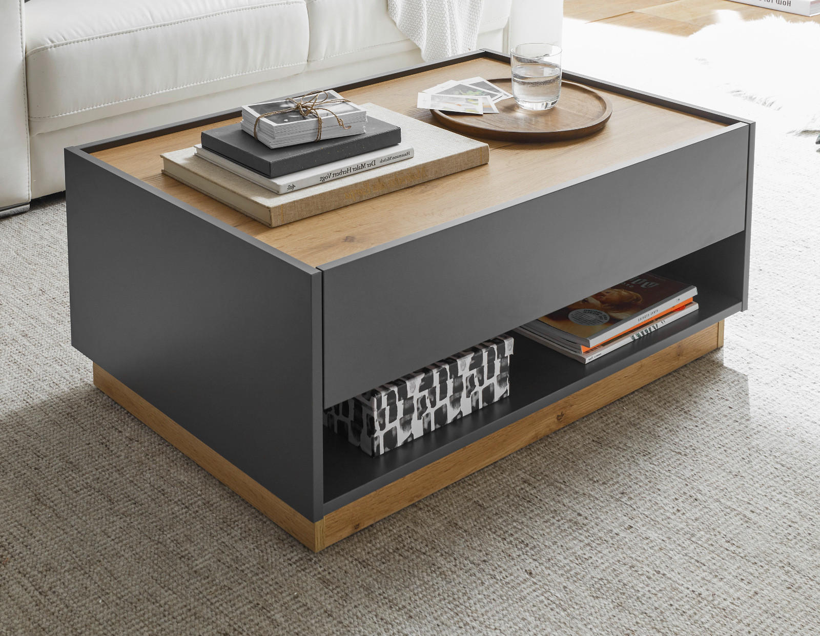 COUCHTISCH grau matt, Eiche Wotan 90 x 60 cm, Wohnzimmertisch mit Stauraum - Eiche Wotan/Grau, Holzwerkstoff/Metall (90/60/38cm) - Furn.Design