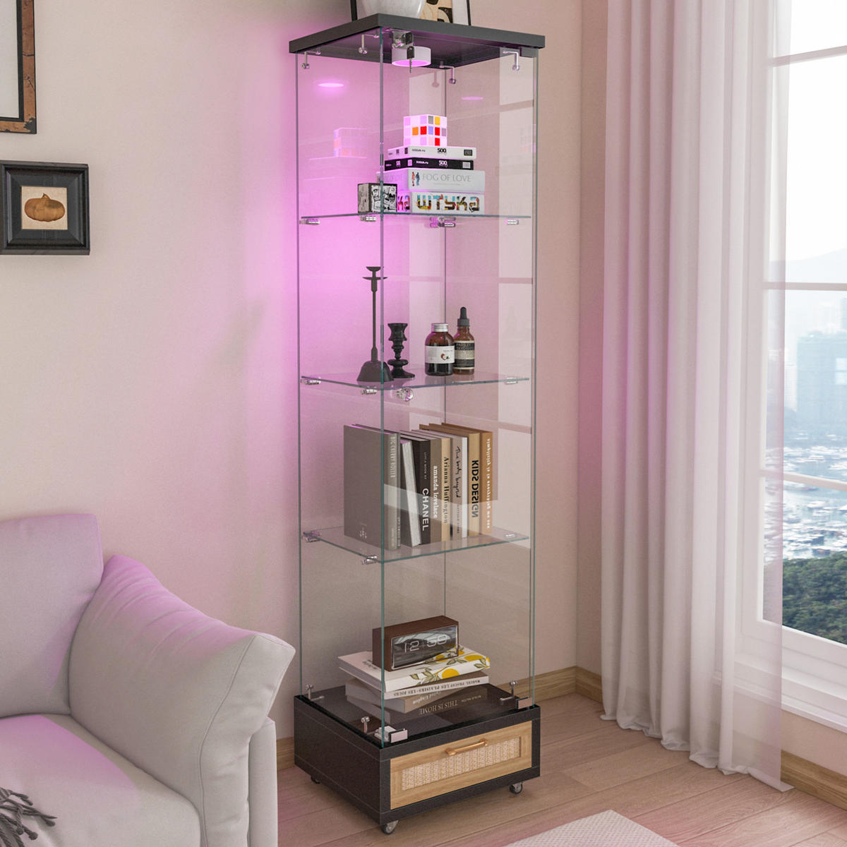VITRINE 42,5/36,5/167 cm aus MDF und Glas mit LED-Beleuchtung Schwarz - Schwarz, Holzwerkstoff (42.5/167/36.5cm) - Modenvie