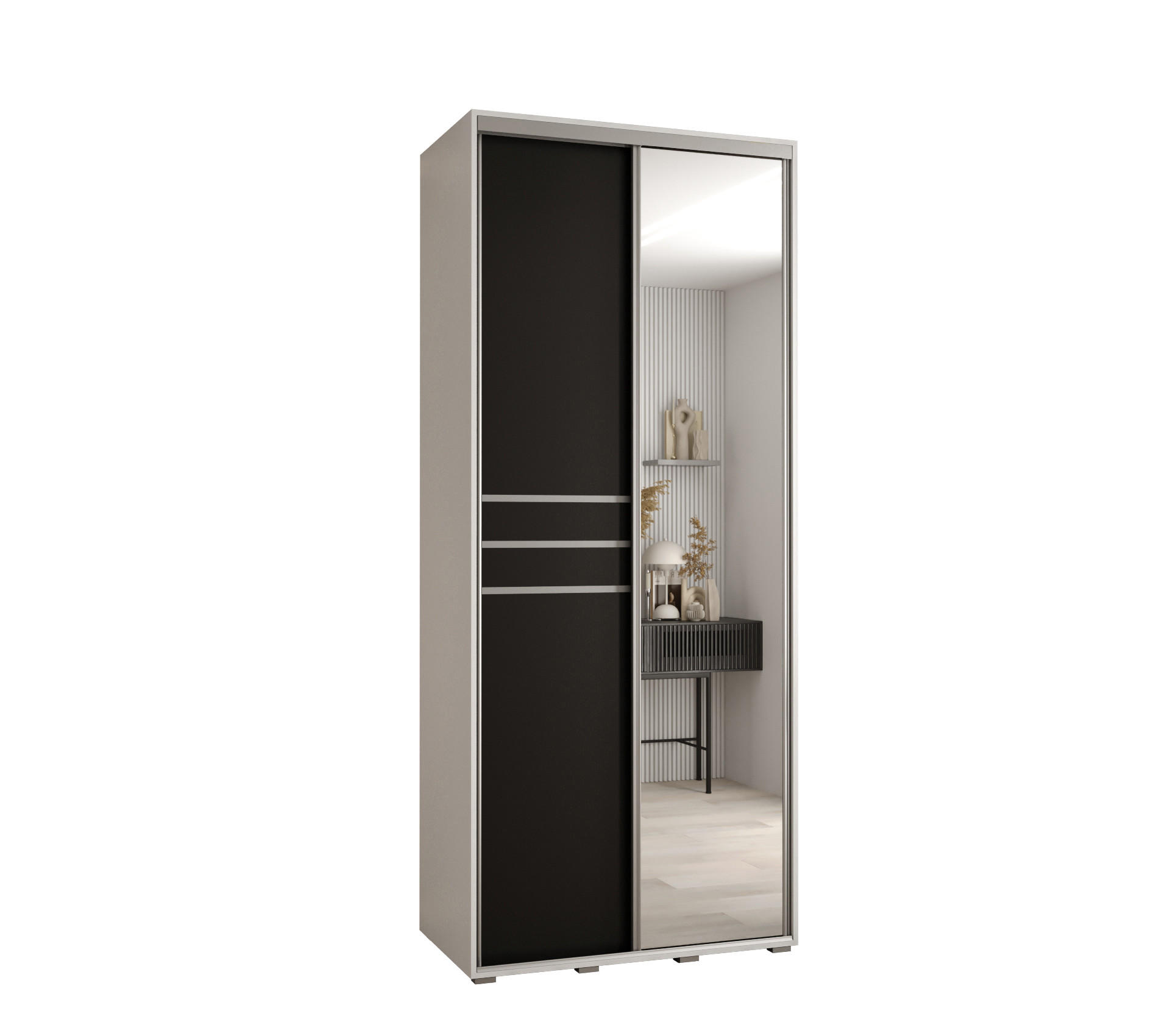 Abiks Möbel SCHWEBETÜRENSCHRANK Weiß, Schwarz, Silber 120cm × 45cm × 235cm