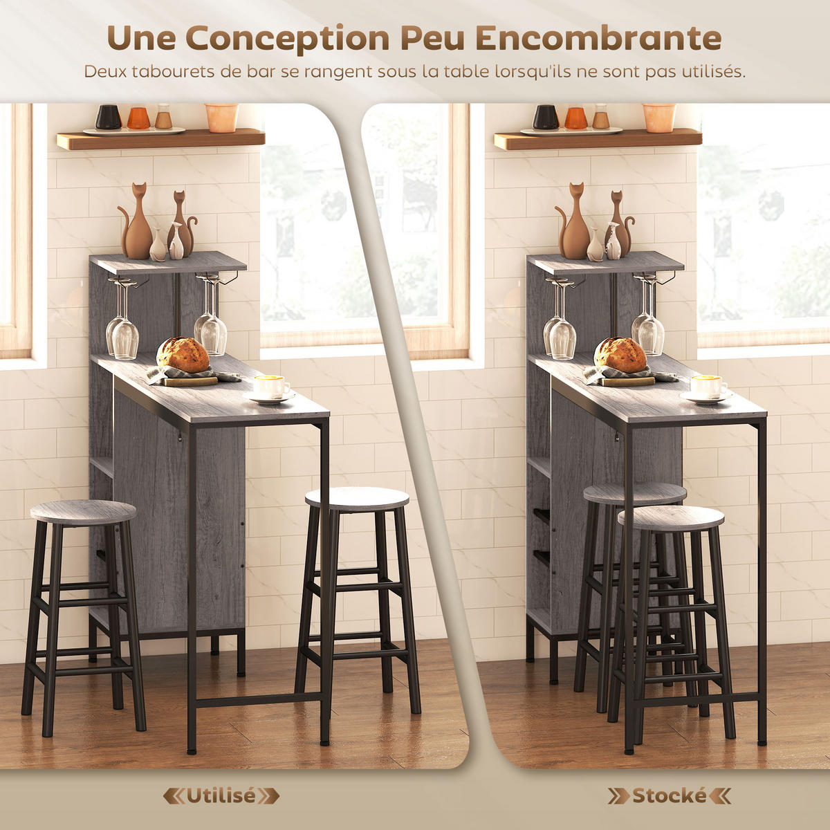 BARTISCH-SET DE-14784 mit Weinregal & Glashaltern für 2 Hocker Naturholz - Naturfarben, Holzwerkstoff (121.5/40/122cm) - ComfortXL
