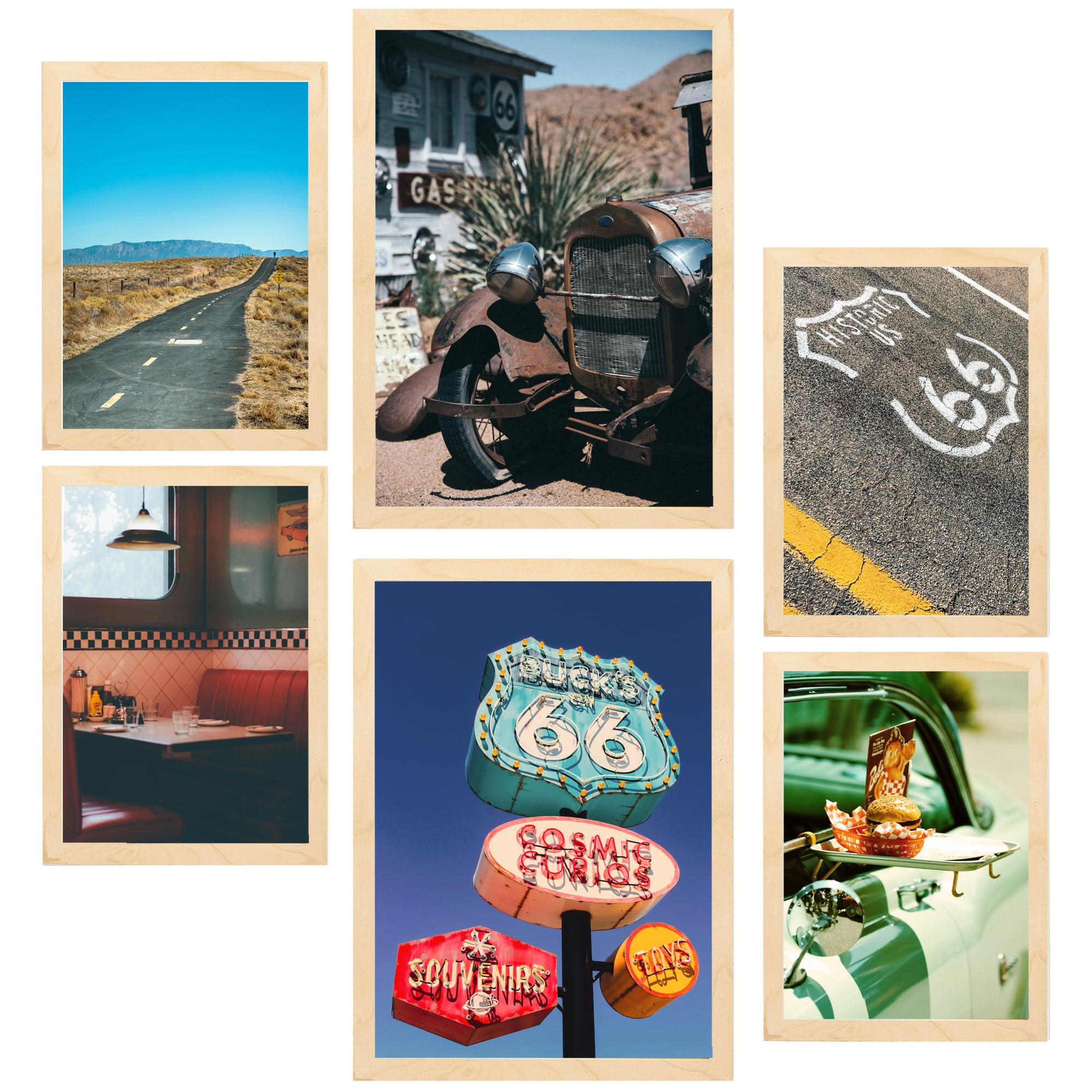 POSTER Set Mit 6 Route 66 Usa, Und Kultur A3 & A4 Rahmen Aus Hellem Holz - Beige, Papier (29/3cm) - Nacnic