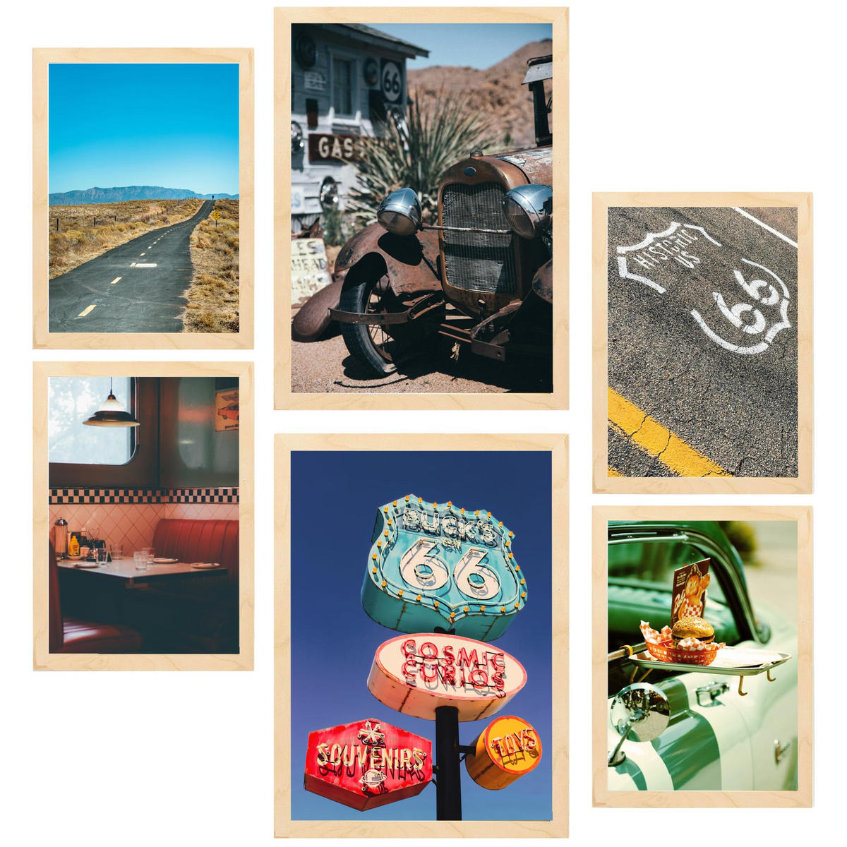 POSTER Set Mit 6 Route 66 Usa, Und Kultur A3 & A4 Rahmen Aus Hellem Holz - Beige, Papier (29/3cm) - Nacnic