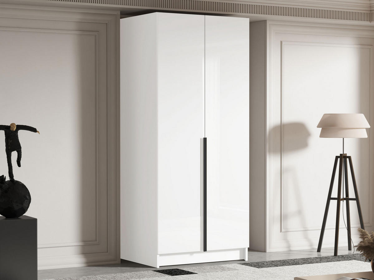 KLEIDERSCHRANK Bono I - Weiß Hochglanz/Schwarz, Holzwerkstoff/Metall (100/215/58cm) - MIRJAN24