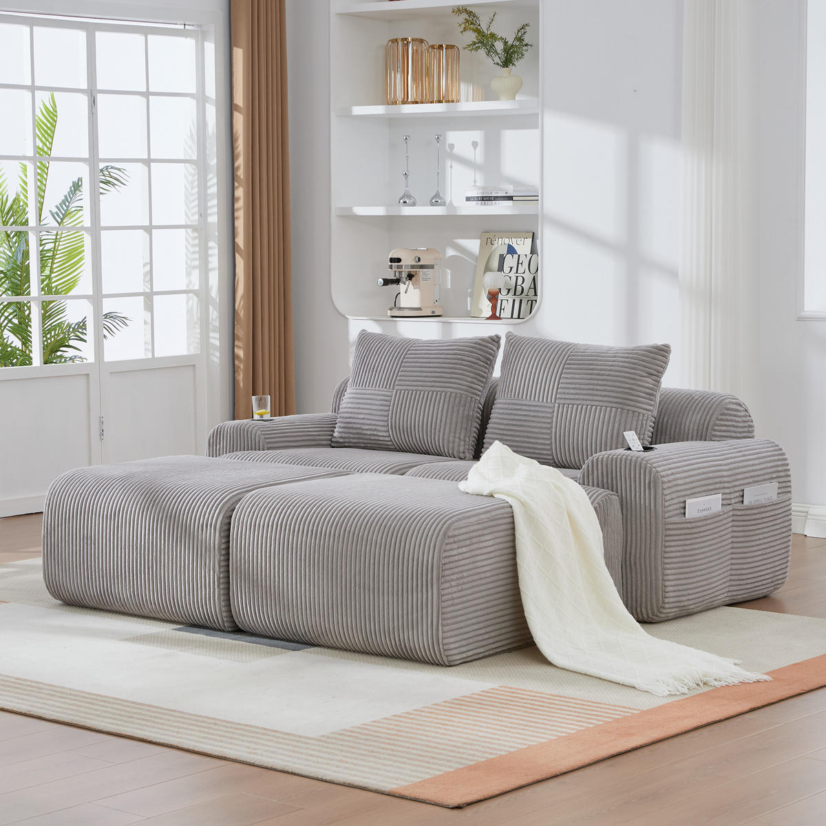 MODULARES 2-Sitzer Sofa Cord mit Getränkehalter und Seitentasche 200/174/80 cm Hellgrau - Hellgrau, Textil (174/80/200cm) - Redom