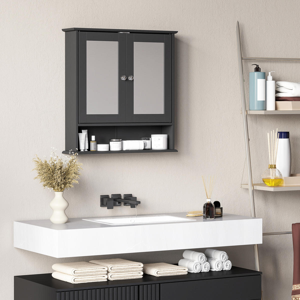 SPIEGELSCHRANK ,offenem Fach, verstellbarem Einlegeboden, 56 x 13 x 58 cm ,Schwarz - Schwarz, Glas (56/58/13cm) - Vallsero