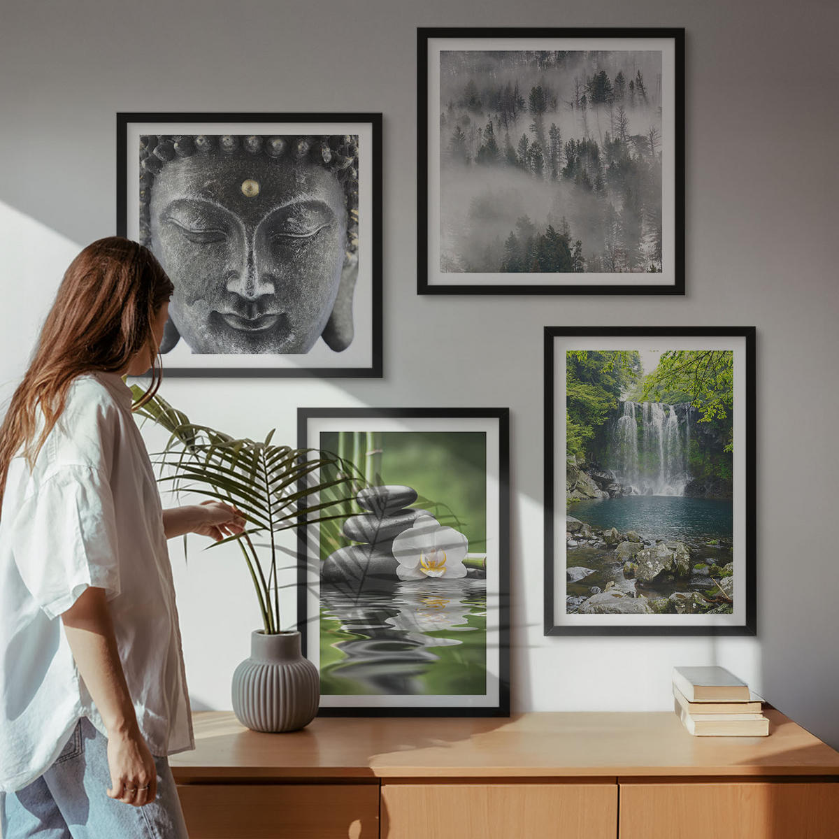 WANDBILDER 4er-Set - 50x50 cm & 40x60 cm Schwarzer Rahmen - Harmonie der Natur, Steine, Wasser, Buddha - Schwarz, Kunststoff (50/50cm) - ArtPrintCave
