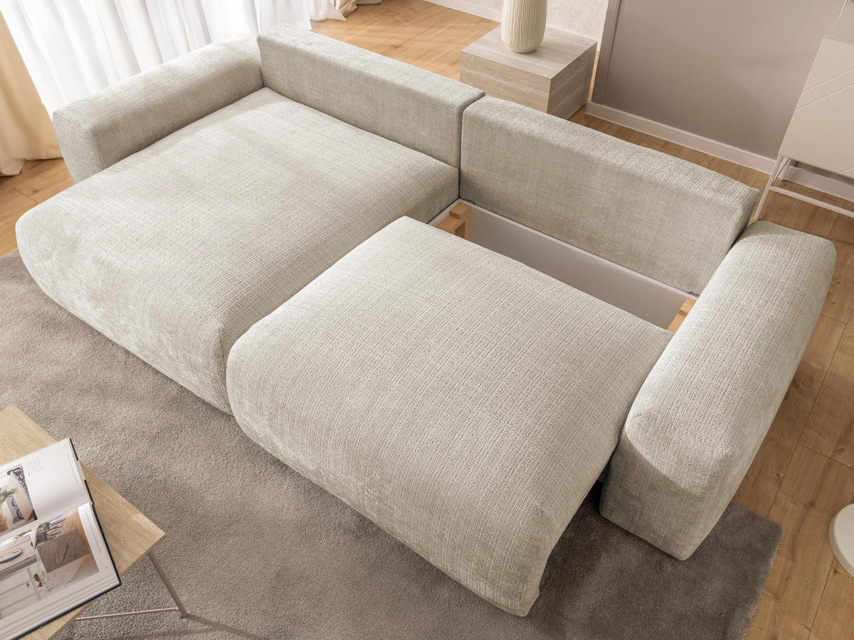ECKSOFA Puffy mit Schlaffunktion und Bettkasten - besonders weich und puffig aus Beige Chenille-Stoff - Ottomane links - Beige/Creme, Holz/Kunststoff (138/266cm) - S-Style Möbel