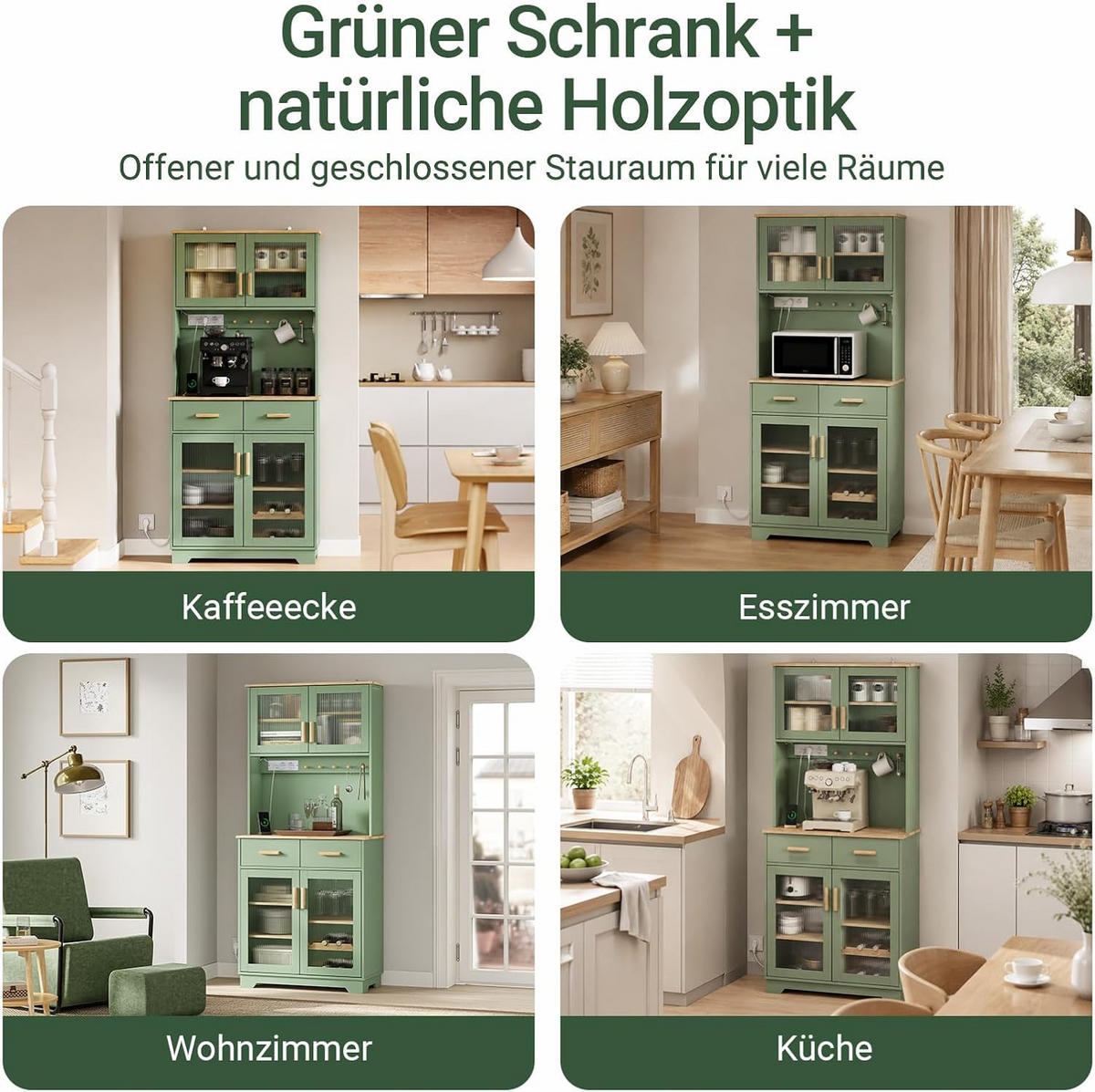 SIDEBOARD mit Weinregal und Glastüren, Küchenschrank Grün 80x40x180 cm - Grün, Glas/Holzwerkstoff (78/180/38cm) - SoBuy
