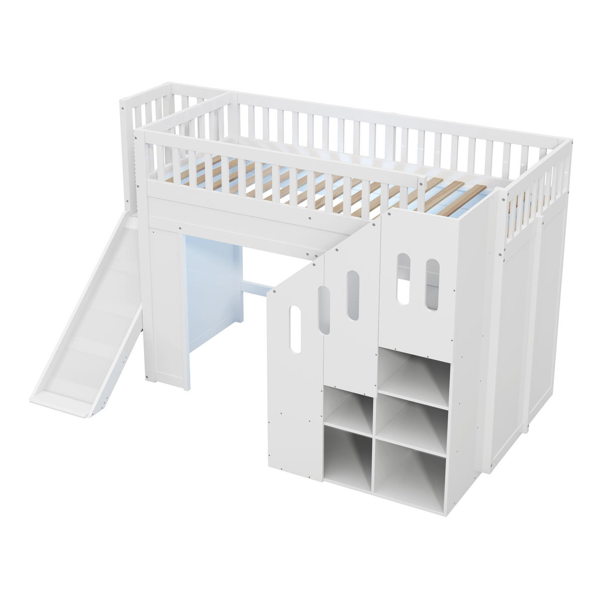 SPIELBETT 90/200 cm DE-03105, mit Rutsche, Stauraumtreppe und LED, in Weiß - Weiß, Holz (90/200cm) - ComfortXL