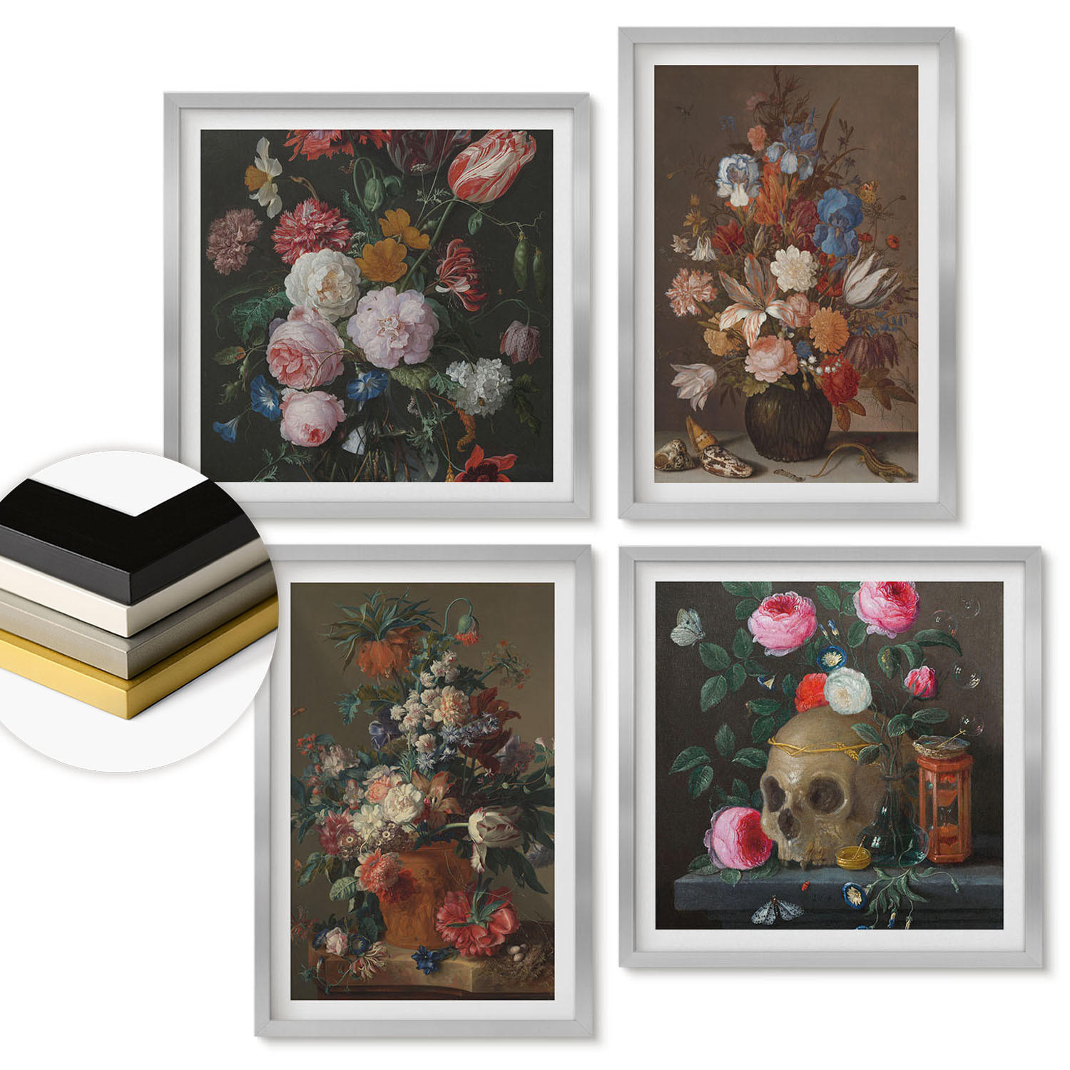WANDBILDER 4er Set - 50x50 cm & 40x60 cm Silberner Rahmen - Blumenarrangements in Vasen - Silberfarben, Kunststoff (50/50cm) - ArtPrintCave