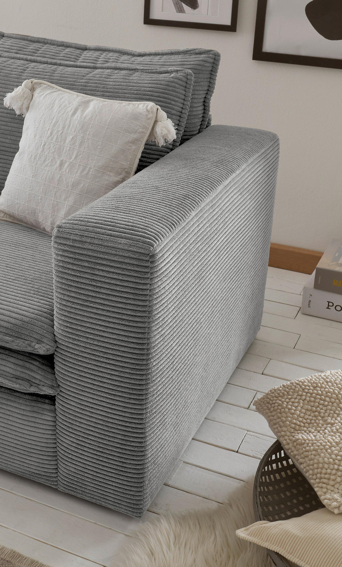 LOVESEAT Set hellgrau Cord, Loungesessel inklusive Hocker - Beige/Hellgrau, Holz/Kunststoff (110/83/161cm) - Furn.Design