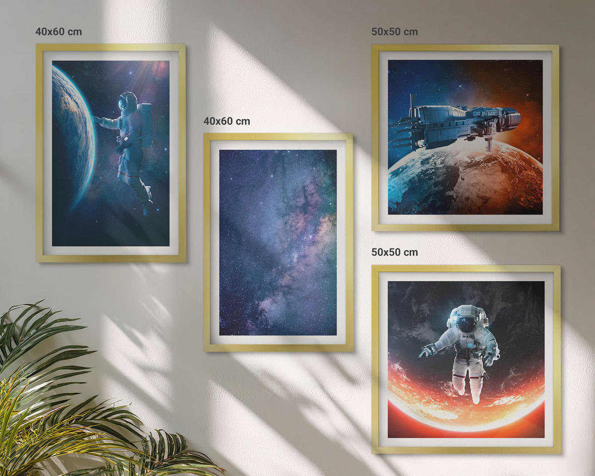 WANDBILDER 4er Set - 50x50 cm & 40x60 cm Goldrahmen - Weltraum-Astronauten-Sterne - Goldfarben, Kunststoff (50/50cm) - ArtPrintCave