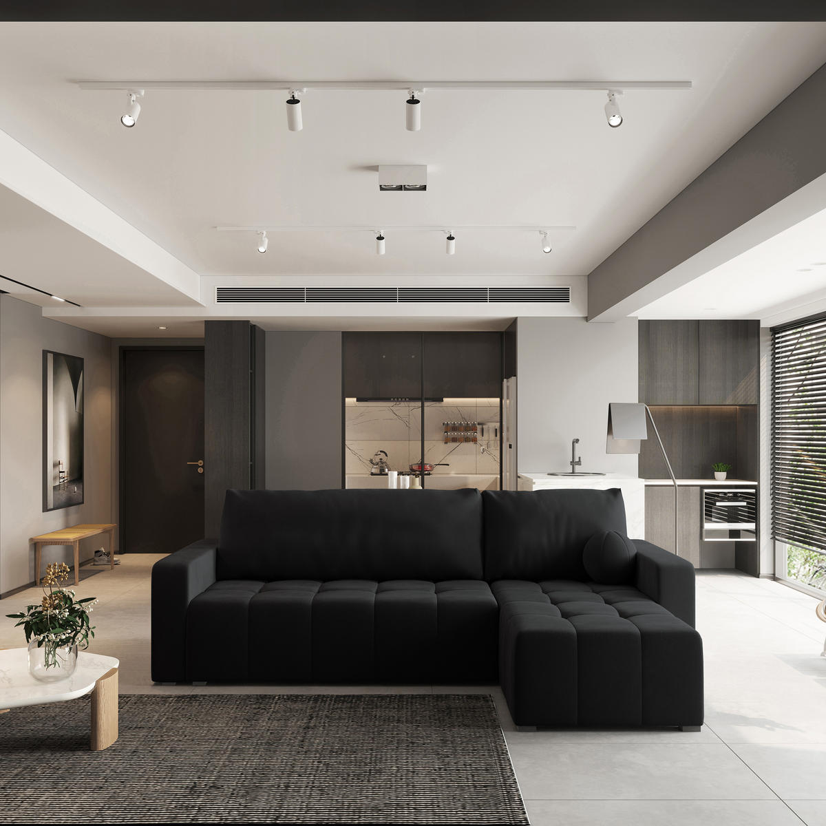 ECKSOFA VOLIRA Schwarz Plüsch-Stoff mit Schlaffunktion - Schwarz, Holz (230/143cm) - MASSENO