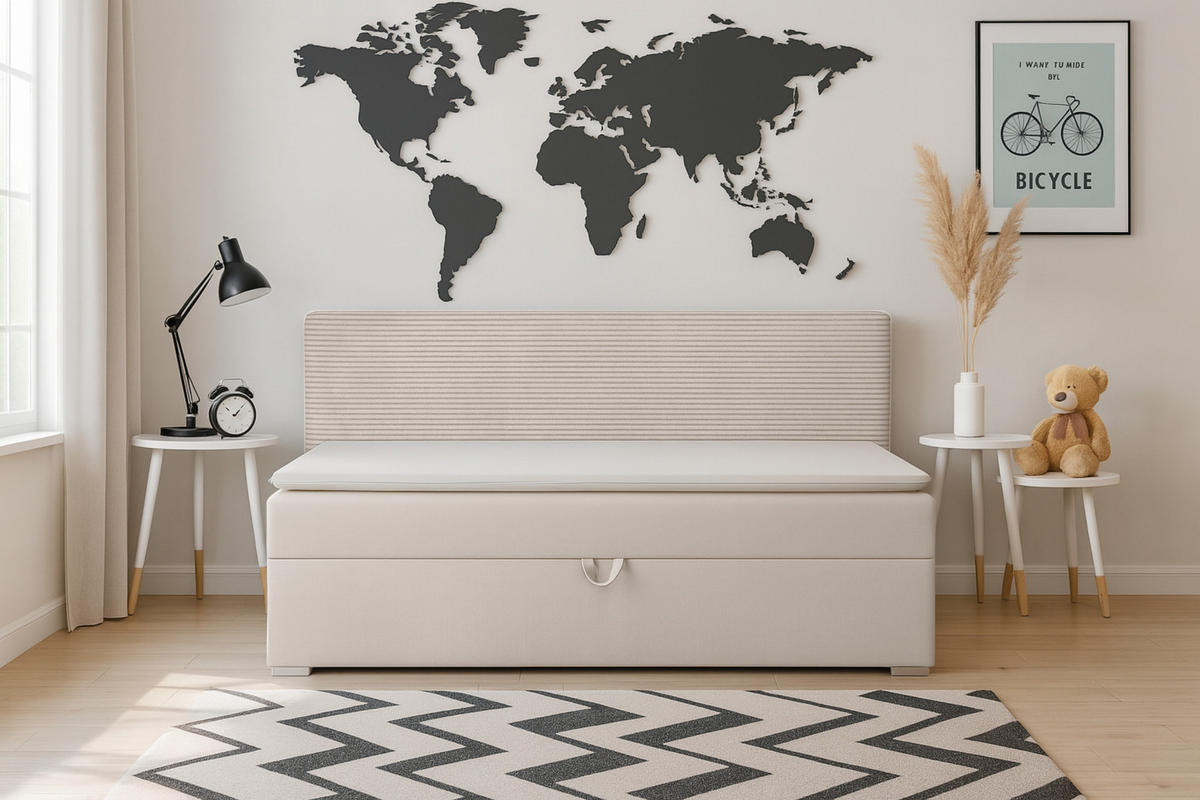 BOXBETT MATI 90/200 Ecru mit Taschen-Federkernmatratze H4 - Ecru, Holz/Holzwerkstoff (90/200cm) - Deine Möbel 24