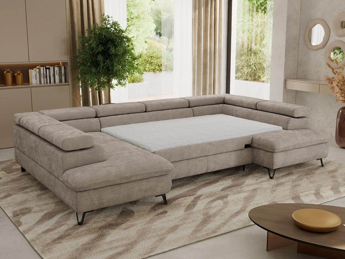 WOHNLANDSCHAFT PABLO U Schenille glatt Hellgrau mit Topper Visco - Hellgrau/Schwarz, Textil/Metall (346/76/208cm) - MKS