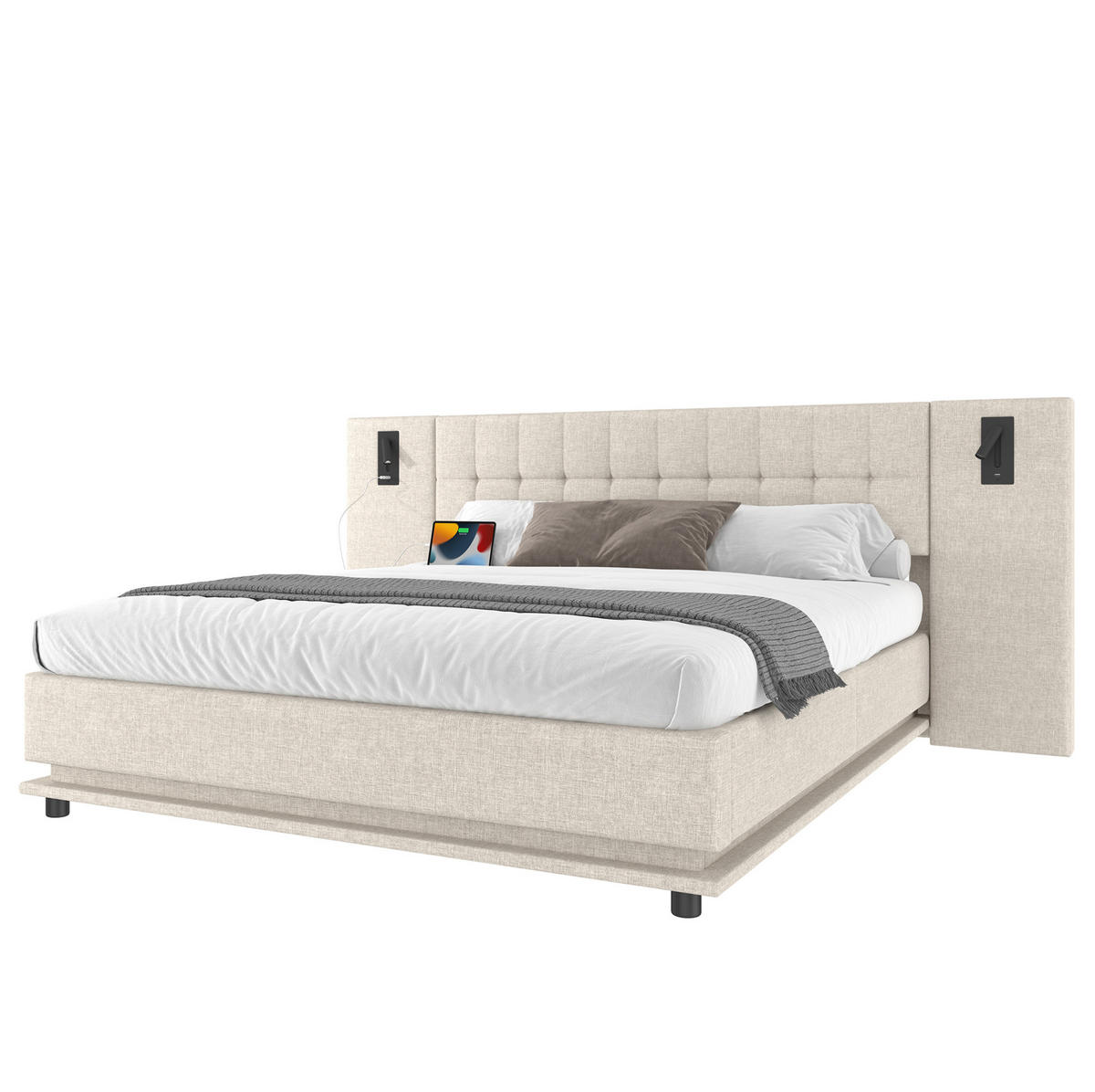POLSTERBETT 180/200 cm Beige mit LED-Beleuchtung, Spot und USB-Anschluss aus Leinen - Beige, Textil (180/200cm) - OKWISH