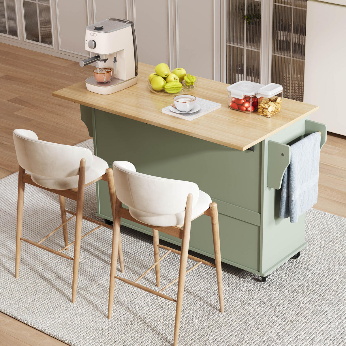 KÜCHENINSEL 138 cm MDF Antikgrün mit Klappbarer Arbeitsplatte und Weinregal - Pastellgrün, Holzwerkstoff (70/92/138cm) - Korfee
